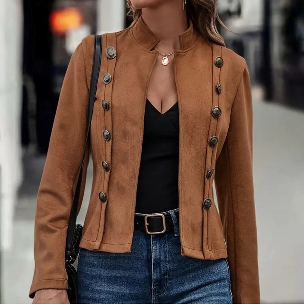 Women's Brown Faux Suede Military Style Jacket - Sz L